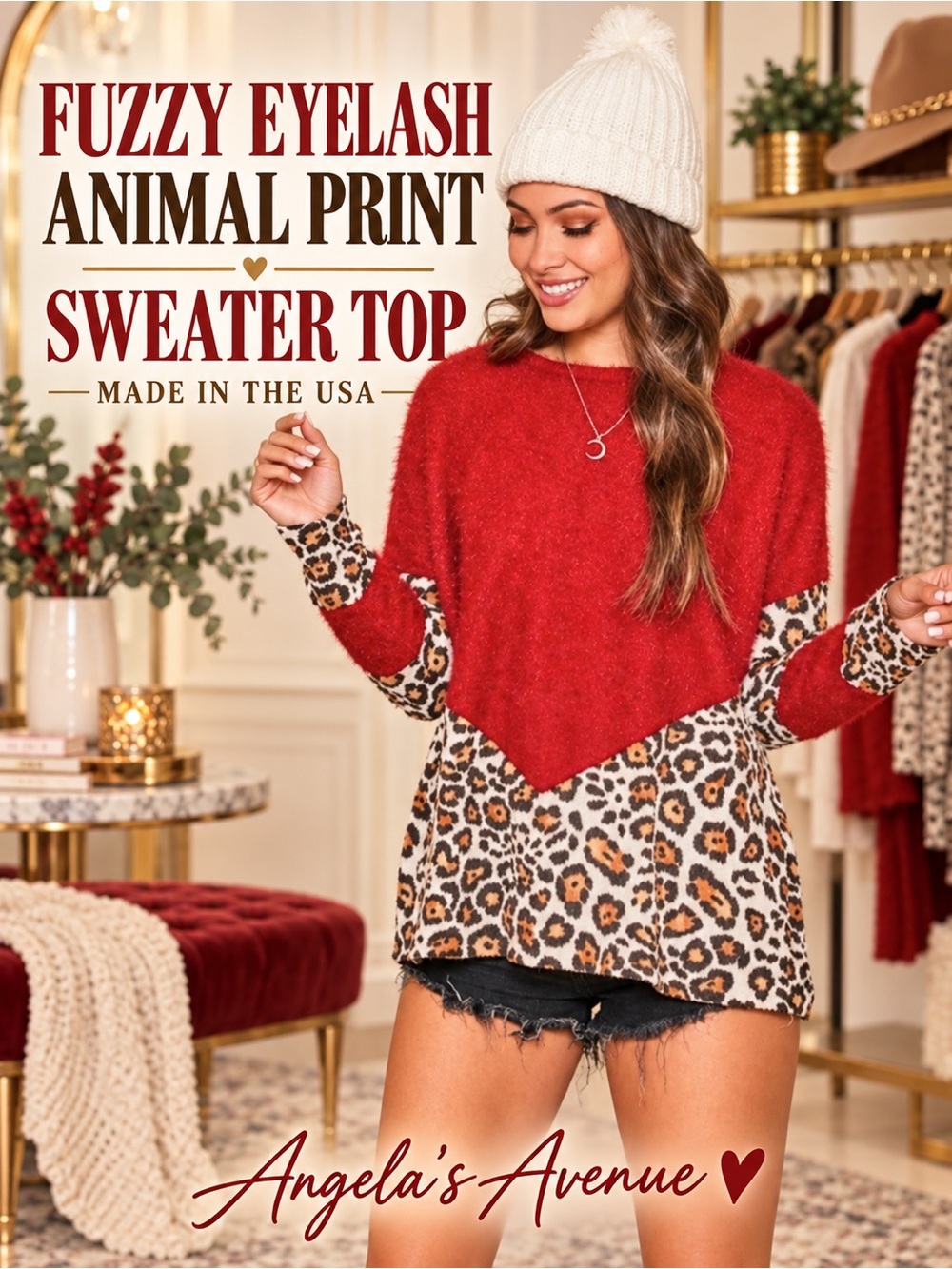 Fuzzy Eyelash Animal Print Sweater Top NEW